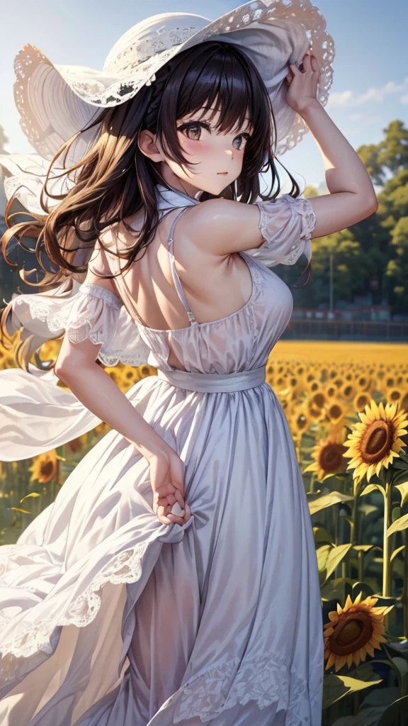 Fuwa Aika,1 Girl,Solitary, (White lace dress:1.2),Flowing long skirt (Sun hat:1.2), Sunflower field, In the sun, A faint smile,Looking at the audience, wind, Dynamic, Strong light and shadow,Dynamic pose,