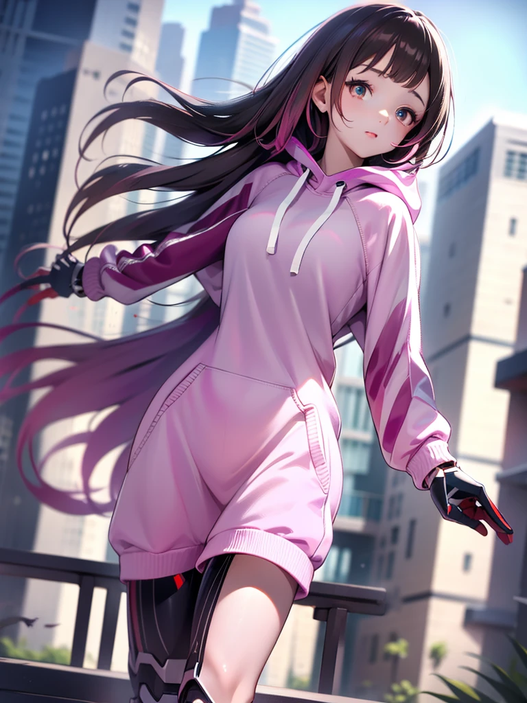 masterpiece, best quality, highres, aaroboco, android, long hair, gradient hair, mechanical arms, mechanical legs, hood, hood down, pink hoodie, long sleeves, gloves, standing, cowboy shot, street,