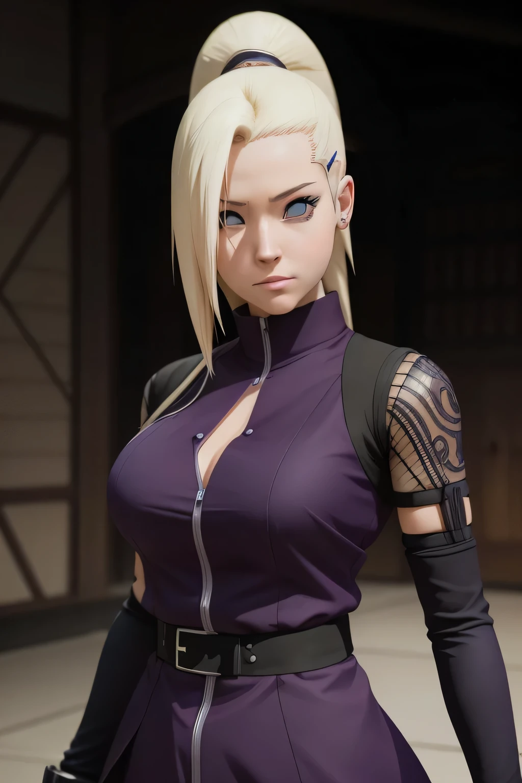 Ino yamanaka, beautiful and tall super realistic and well detailed, perfect eyes, dark purple dress, (master part, best quality, 1girl, Alone, intricate details, ultra hyper realistic, Anime Naruto
