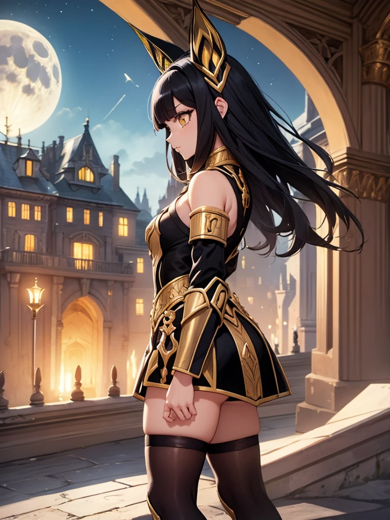 Woman profile,Only one person is depicted,Side view, Image from the knees up masterpiece, Best Quality, Straight black hair, Hair length down to chest, Cat ears, Golden Eyes, A dignified expression, A female warrior wearing black and gold armor, The chest size is medium, Black thigh-high socks, Black mini skirt, Looking up from the balcony of an abandoned castle at the full moon in the background,Fantasy