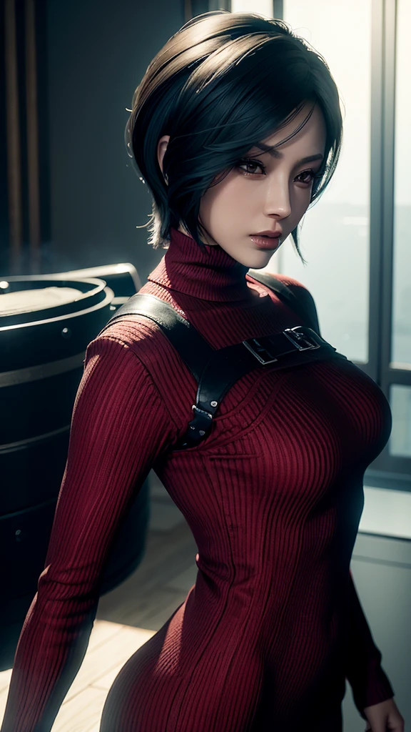 (Best quality, absurdres, absolutely resolution, ultra detailed, A stunning full color intricate portrait in Ultra-HD), a sexy mature female, Ada Wong ,(detailed face, short black hair, detailed beautiful black eyes, makeup), (red sweater dress, neckline, fit), right side sheath, choker, epic character composition, sharp focus, cinematic lighting, subsurface dispersion, f2, 35mm