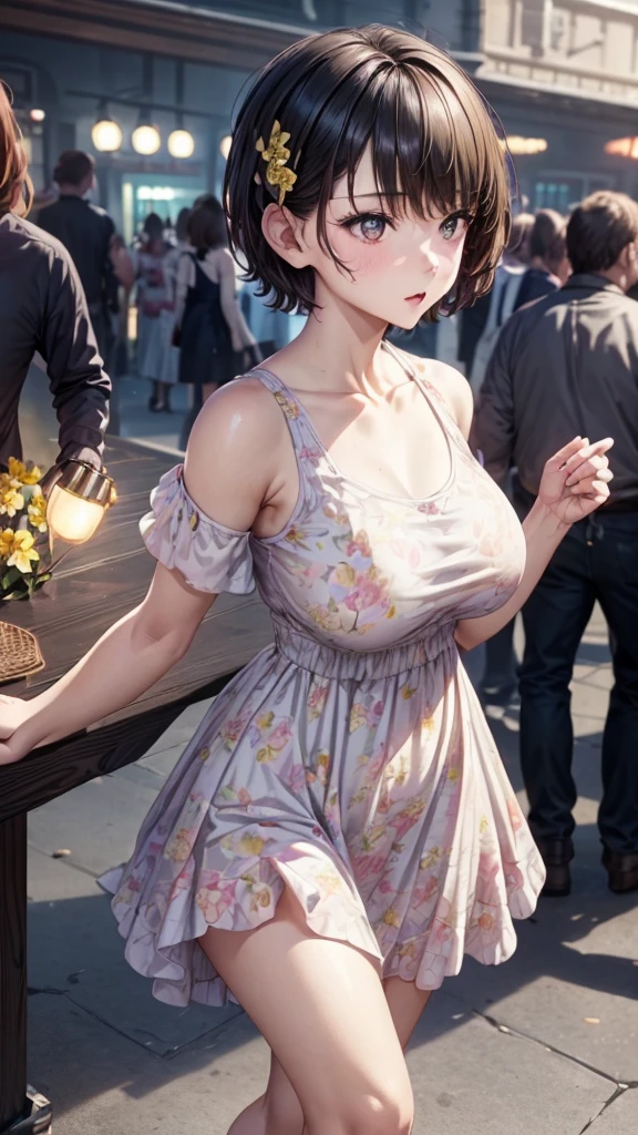 , 1 Girl, (Skin Indentation), (Huge breasts:1.2), (Blurred Background:0.6), In a crowded amusement park, (Casual yet stylish, Elegant cloth,floral dress:1.5 ), Gorgeous, (Short hair:1.5), Soft lighting, wind, (headlight:1.5), surprise, 