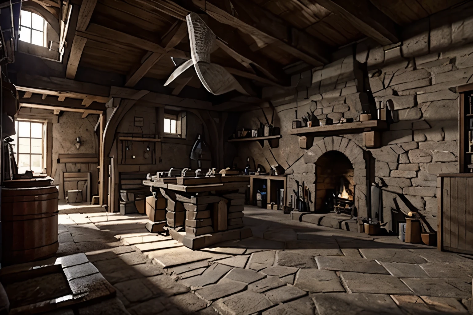 A medieval blacksmith shop // interior // clean // organized // Blacksmith furnace