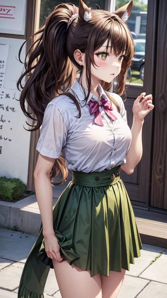 1 Girl, Solitary, Fresh peas, Horse girl, Horse ears, Ponytail, Brown eyes, Brown hair, Long hair, A faint smile, Ear arch, Ruffle skirt, Green Skirt, High waist skirt, Fluffy short sleeves, thin, slim, (Japanese:0.8)