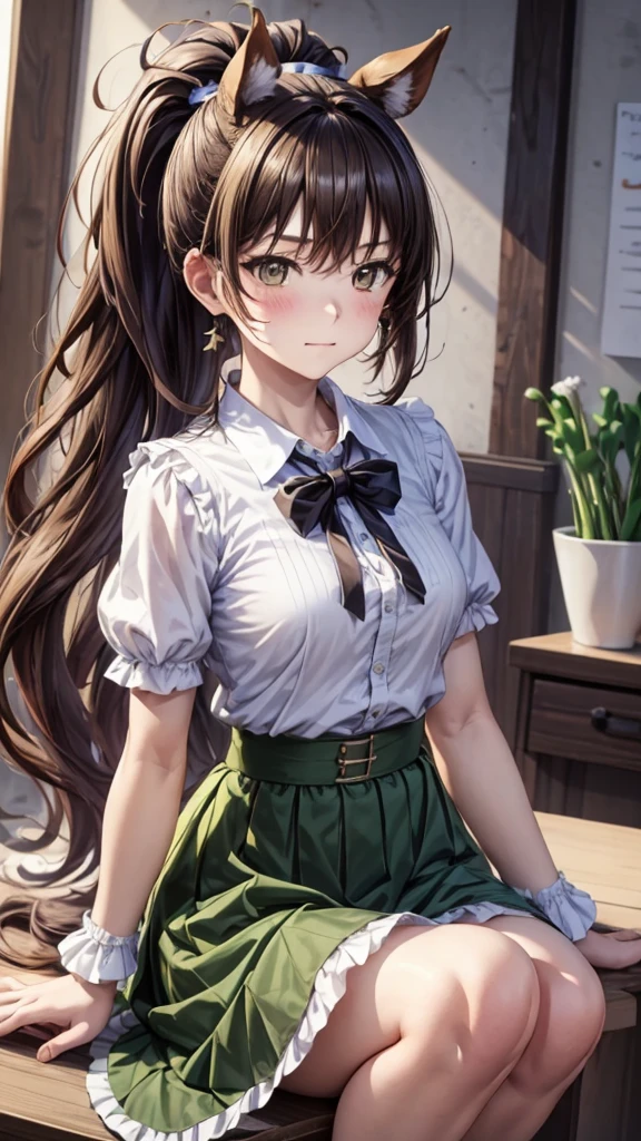 1 Girl, Solitary, Fresh peas, Horse girl, Horse ears, Ponytail, Brown eyes, Brown hair, Long hair, A faint smile, Ear arch, Ruffle skirt, Green Skirt, High waist skirt, Fluffy short sleeves, thin, slim, (Japanese:0.8)