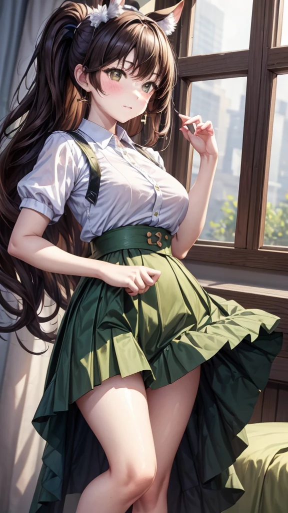 1 Girl, Solitary, Fresh peas, Horse girl, Horse ears, Ponytail, Brown eyes, Brown hair, Long hair, A faint smile, Ear arch, Ruffle skirt, Green Skirt, High waist skirt, Fluffy short sleeves, thin, slim, (Japanese:0.8)