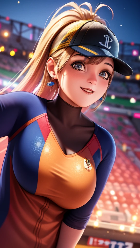 mevis, baseball outfit, baseball stadium, 1girl,, solo, looking at viewer, smile, jewelry, full body, flower, earring, makeup (realistic:1.2), (realism), (masterpiece:1.2), (best quality), (ultra detailed), (8k, 4k, intricate),(85mm),light particles, lighting, (highly detailed:1.2),(detailed face:1.2), (gradients), colorful,(detailed eyes:1.2)(detailed background),detailed landscape, (dynamic angle:1.2), (rule of third_composition:1.3), (Line of action:1.2), (big breast:1.4)