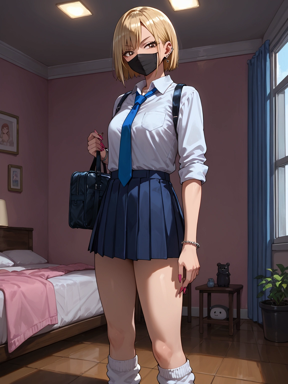 score_9, score_8_up, score_7_up, sorce_anime, 1girl, solo, gyaru, blonde hair, very short hair, brown eyes, smile, smirk, mouth mask, black mask, nail polosh, sharp fingernails, single pierced earring, silver bracelet, white shirt, collared shirt, sleeves rolled up, blue necktie, pleated skirt, micro skirt, black panties, white socks, loose socks, standing, hotel room, pink room, school bag