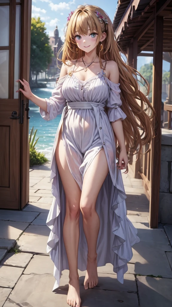 ((masterpiece)),(((Best quality))),((Extremely detailed)),1 Girl, Solitary, barefoot, permanent, architecture, Smile, Flowing hair, Hook of Holland, Shut up, Looking elsewhere, outdoor