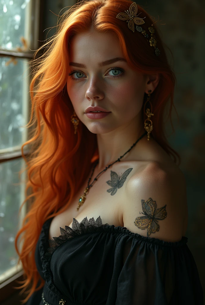 stunning beautiful detailed portrait of a young voluptuous russian woman with long flowing red hair, piercing blue eyes, sharp cheekbones, full pink lips, exquisite facial features, intricate dragon tattoo on her back, wearing a sheer lace lingerie set, highly detailed, photorealistic, cinematic lighting, warm color palette, dramatic chiaroscuro, masterpiece