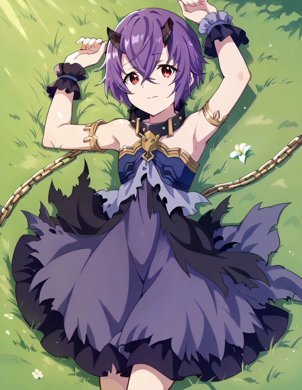 pcshinobu, short hair, purple hair, black horns, broken horn, red eyes, torn clothes, frills, purple dress, strapless dress, sleeveless dress, chain, armlet, black gloves, single elbow glove, frilled wrist cuffs, black collar, bare shoulders, high quality, shiny skin, closed mouth, solo, cowboy shot, looking at viewer, closed mouth, solo, lying, on back, on grass, arms up, spread arms, smile, 