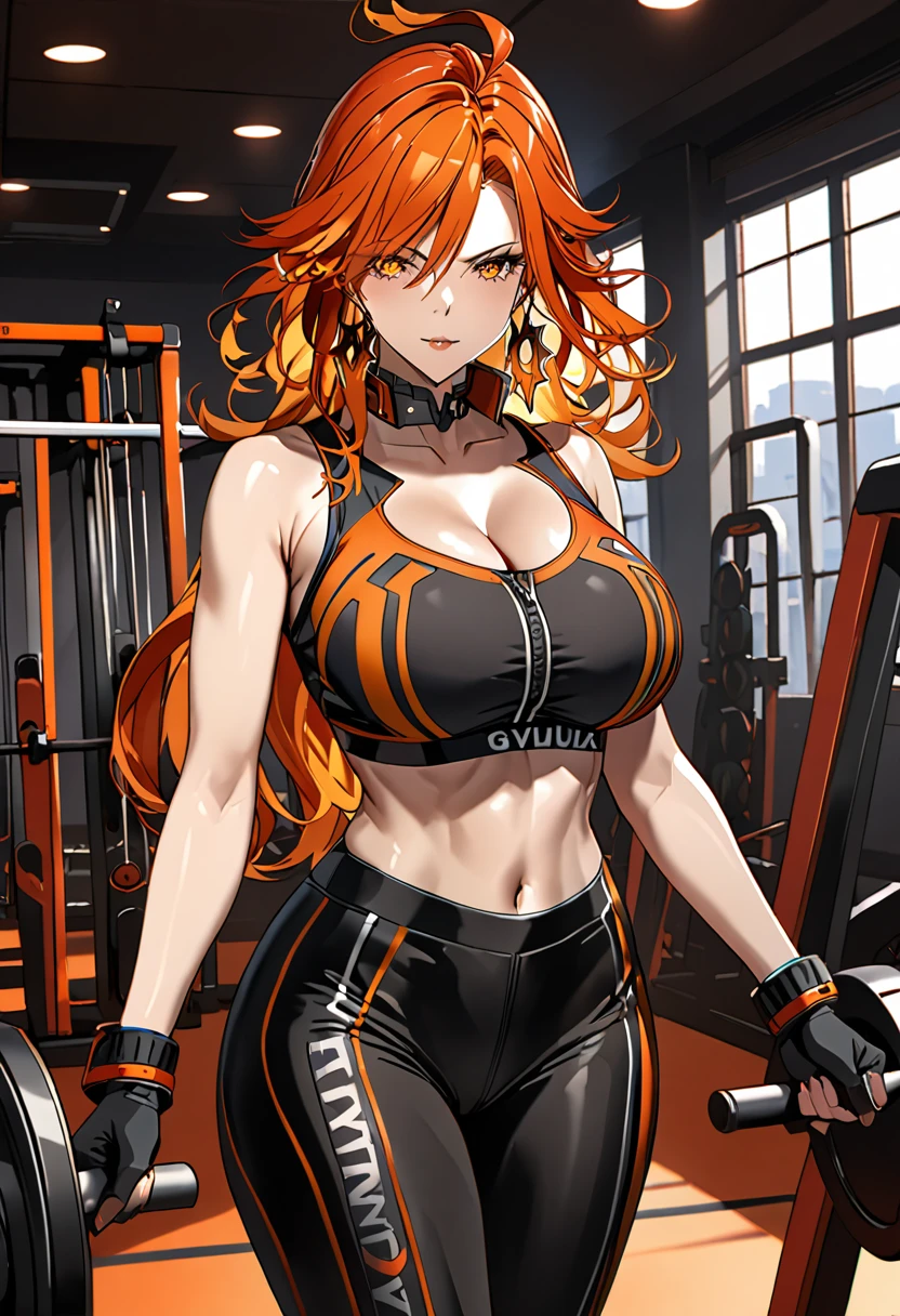 (masterpiece), (detailed anime style), (super detailed), (perfect work), Beautiful Mavuika, fitted sports bra, fitted leggings, orange hair, super big breasts, I will trace the great, an electric gym