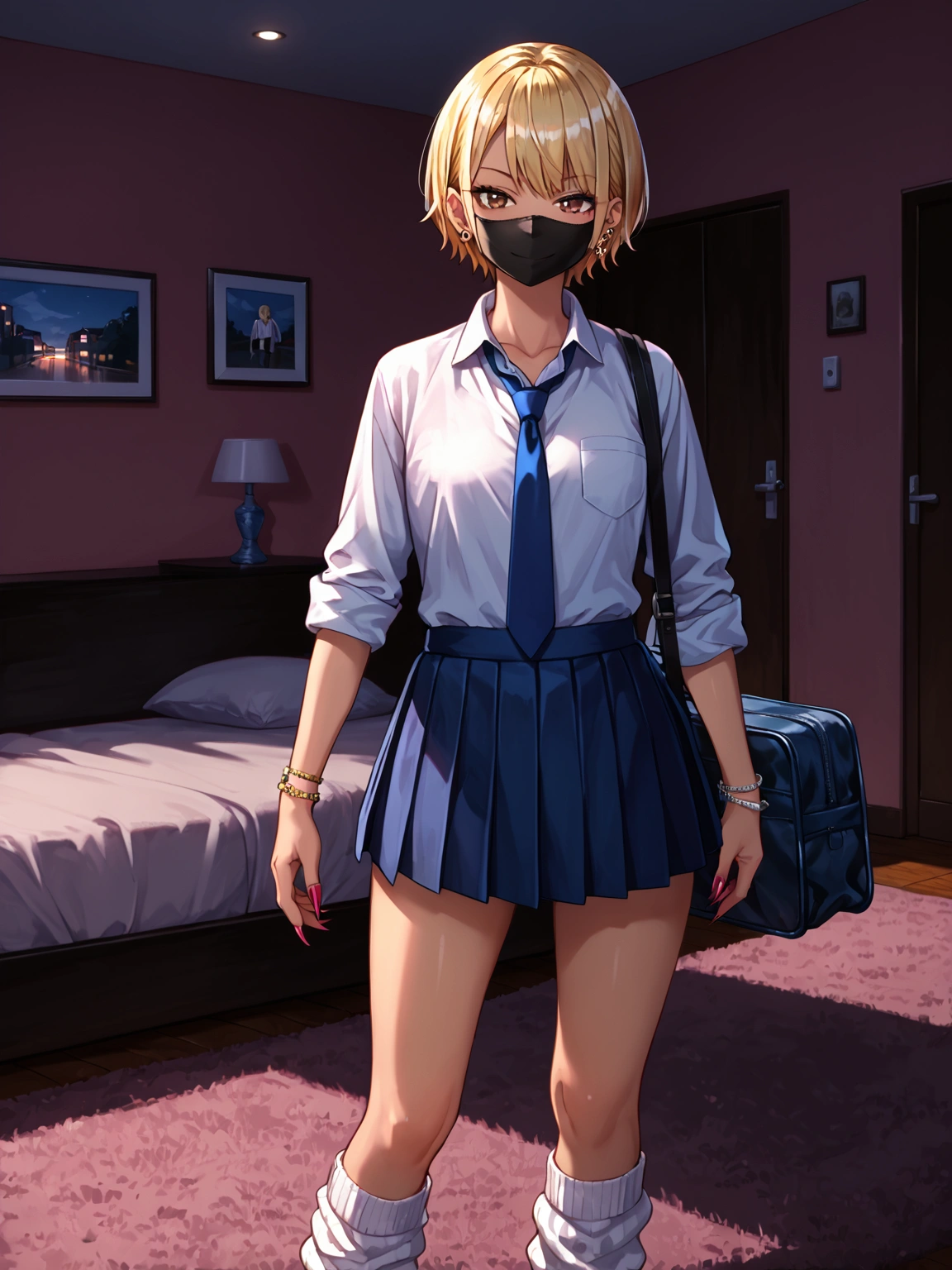 score_9, score_8_up, score_7_up, sorce_anime, 1girl, solo, gyaru, blonde hair, very short hair, brown eyes, smile, smirk, mouth mask, black mask, nail polosh, sharp fingernails, single pierced earring, silver bracelet, white shirt, collared shirt, sleeves rolled up, blue necktie, pleated skirt, micro skirt, black panties, white socks, loose socks, standing, hotel room, pink room, school bag