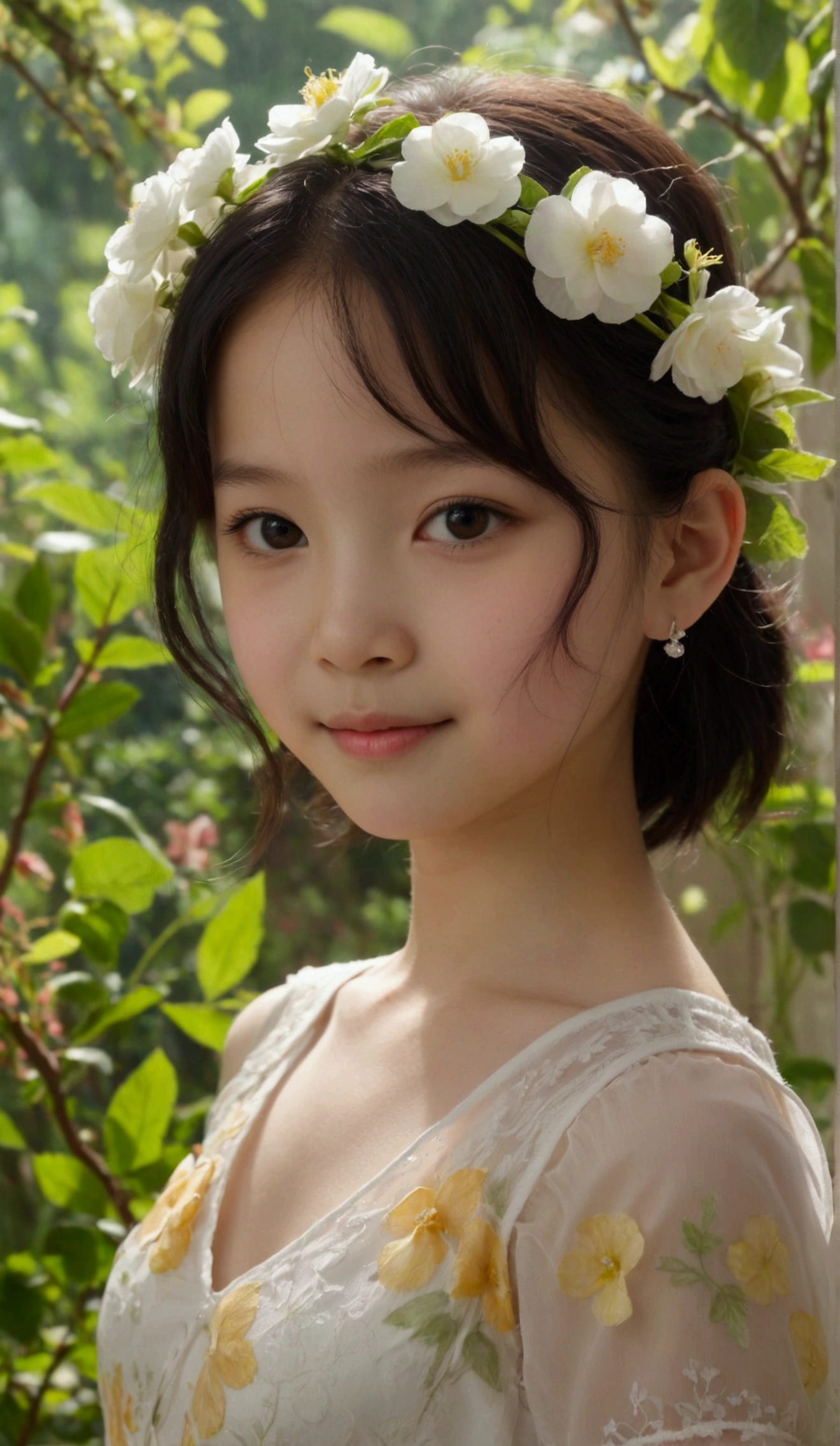 8k, masterpiece, cute, very pretty, Indonesian-Chinese,  9, ((pre pale skin, Innocent face, cute face, juvenile physique, beautiful body, Calm Eyes, White camisole dress, Her clothes are transparent and her skin is visible, adorable, blushing, pretty, flawless, Anatomically Correct, shy, embarrassed, Looking at the viewer, show off her cuteness, in the garden, natural lighting