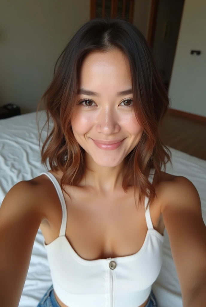 45-year-old Japan beauty,Perfect Eyes,No underwear on、Short cut with smooth and shiny hair、Her hair is light pink、Realistic 3D images,Bust is very very very small、Full body nude image、The background is a room in an abandoned building、High resolution、high resolution、Poses that emphasize breasts、high resolution写真、Her lips are a light orange color with a lustrous shine.、Hairless genitals、Clear, sharp images of the lower body、Masterpiece 8K(1.3)、Having sex、Penis inserted into vagina in missionary position、Lying in bed、Smiling