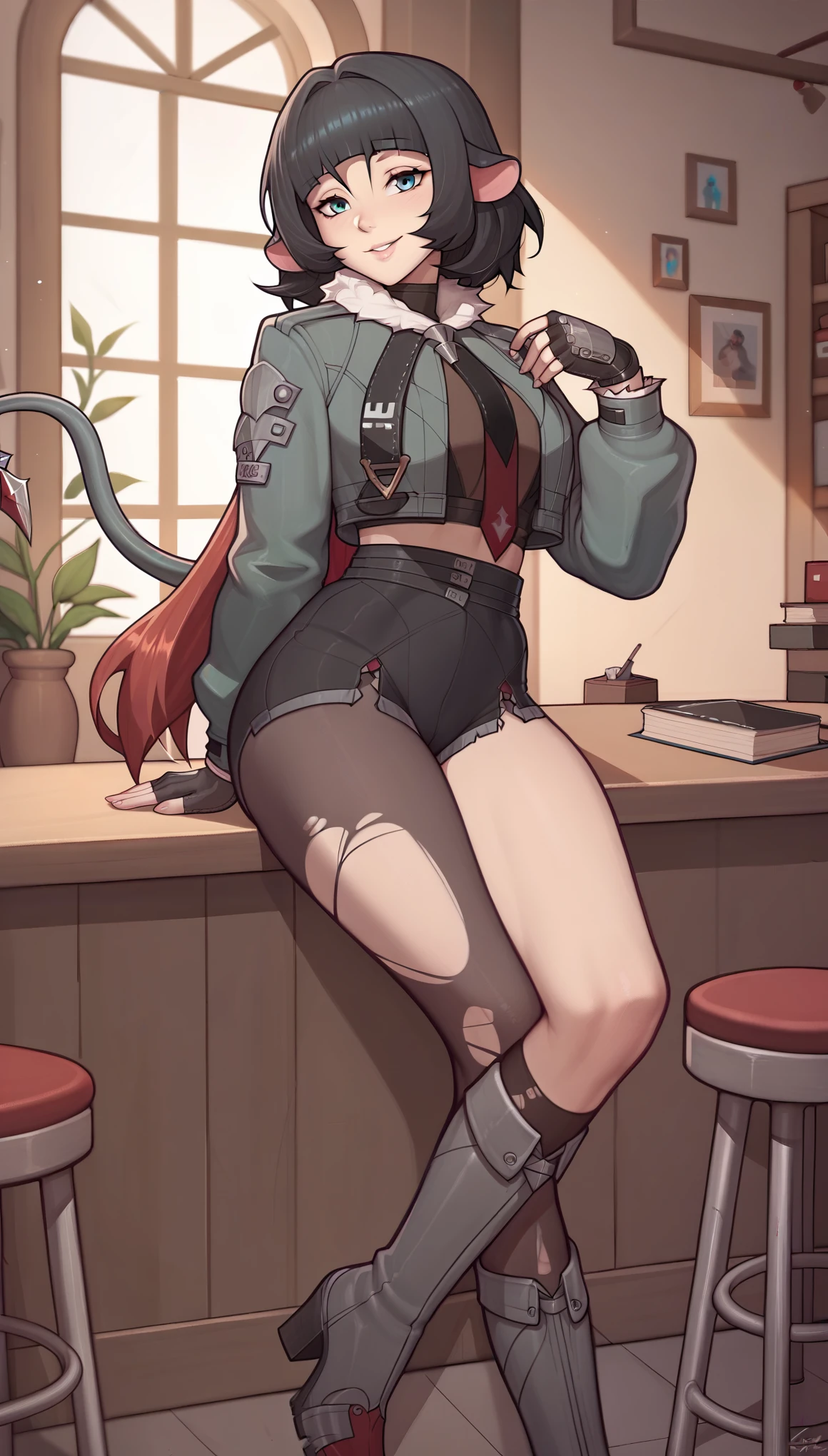 Asura style, 1girl, solo, janedoe, bangs, black hair, blue eyes, red hair, long hair, mouse ears, sitting on stool, fur-trimmed jacket, green jacket, long sleeves, red necktie, high-waist black shorts, belt, fingerless gloves, single leg pantyhose, torn pantyhose, torn thighhighs, grey boots, indoors, smile, horny, best quality