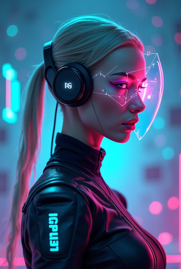 A beautiful 19-year-old girl, combining features of Margot Robbie and Cara Delevingne, with blonde hair styled in a sexy salon look. She has an innocent yet sexy facial expression, looking directly at the camera. She stands in a super futuristic room, wearing a pink and white hi-tech school suit. Her appearance resembles a supermodel, with full, sexy lips, honey-colored eyes, and natural, big breasts with a sexy cleavage. The scene is detailed and realistic, showcasing a wide-angle, full-body shot. Behind her, there's a PC gamer setup. Her makeup includes orange lipstick and colorful lines around the eyes. She has a hacker attitude, wearing hi-tech glasses with Oakley Juliet-style frames and green instructions on them. Her hair features little dreadlocks. Holographic images are in the background, with dark ambient lighting accented by neon details. The atmosphere has white and blue lighting, with the suit resembling a mechanical robotic design, creating a cinematic masterpiece