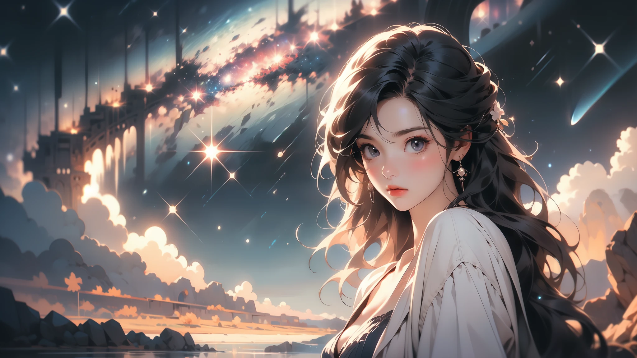 A woman with long hair standing in front of a lake - SeaArt AI