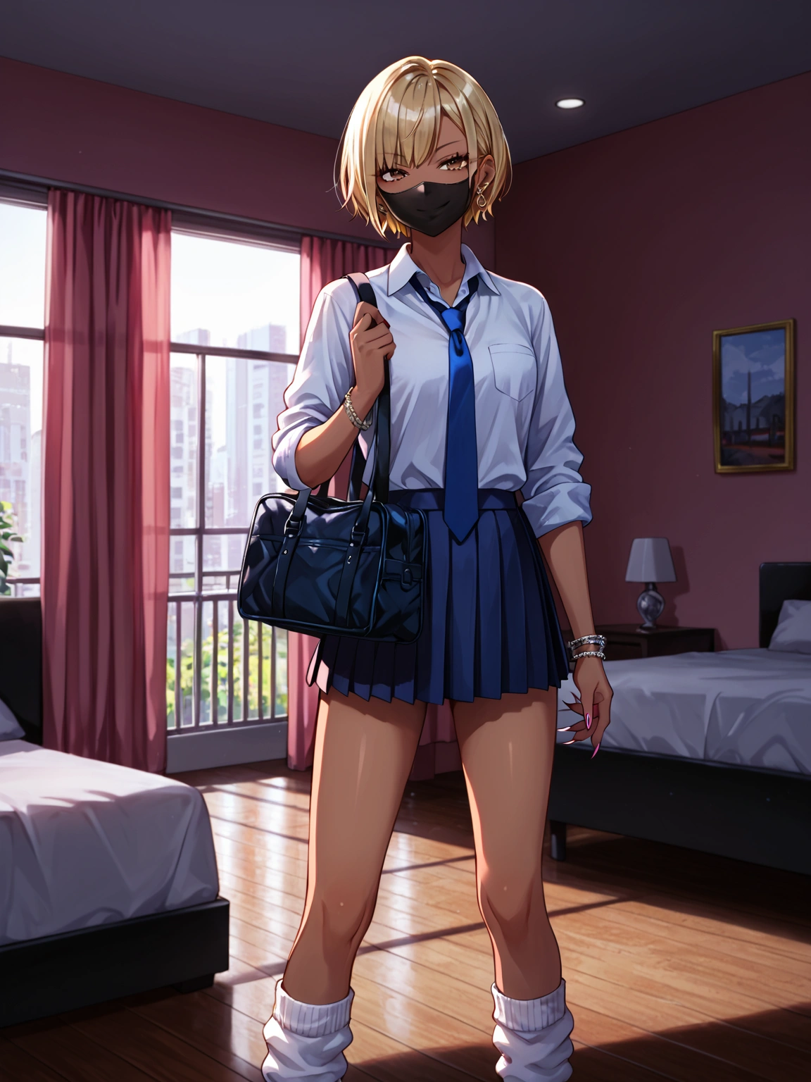 score_9, score_8_up, score_7_up, sorce_anime, 1girl, solo, gyaru, blonde hair, very short hair, brown eyes, smile, smirk, mouth mask, black mask, nail polosh, sharp fingernails, single pierced earring, silver bracelet, white shirt, collared shirt, sleeves rolled up, blue necktie, pleated skirt, micro skirt, black panties, white socks, loose socks, standing, hotel room, love hotel, pink room, school bag