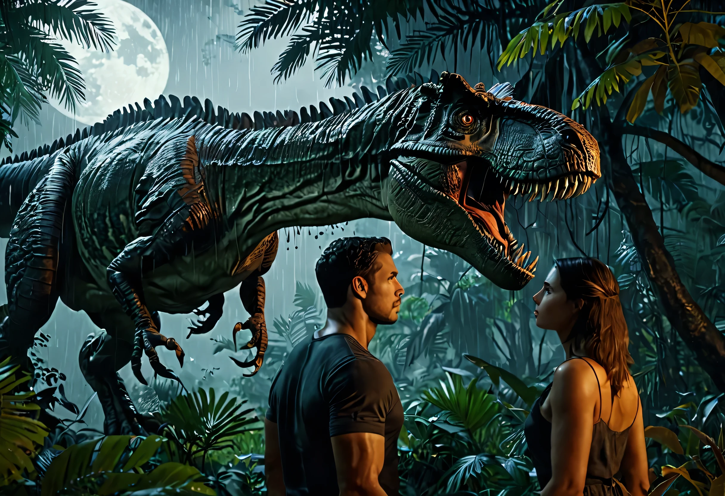 cinematic film photo, a man and a beautiful woman in a jungle hiding behind a tree,scared,in the background is an enormous Tyrannosaurus is searching for hiding woman,looking over shoulder, dark and stormy night, raining, bright moon light, high budget, hyperdetailed, intricate details,4k textures,4k resolution,(masterpiece),