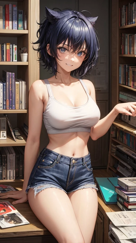 , 1 Girl, ((Looking at the audience)), Dark blue hair, Dark Eyes, Very short hair, Spiky hair, Ahog, t-shirt, High waist jeans, 171 cm, Messy hair, Hair between the eyes, Medium breasts, Large Breasts, full, Dark skin, Tomboy, aldult, 20 years old, 1 Girl, Solitary, only, Grin, Wide hips, thigh, permanent, Messy room, bedroom, shelf, dvd, books, Video Games, , cd, Vinyl Records, VHS tapes,