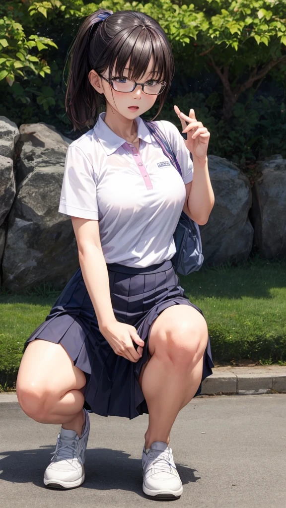 Beautiful Japanese woman in golf clothes, Real People, Detailed body, Squat, Real People秀, Glasses, Skirt flip, Office Lady