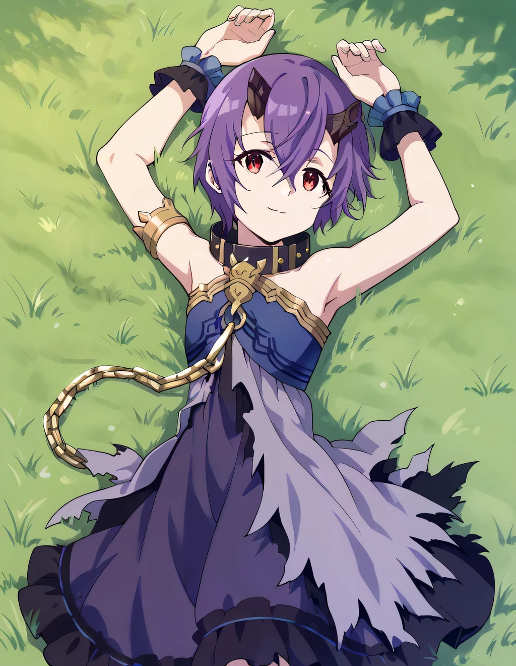 pcshinobu, short hair, purple hair, black horns, broken horn, red eyes, torn clothes, frills, purple dress, strapless dress, sleeveless dress, chain, armlet, black gloves, single elbow glove, frilled wrist cuffs, black collar, bare shoulders, high quality, shiny skin, solo, blushing, night sky, beach, arms behind head, {contrapposto}, closed mouth, spread armpits, cowboy shot, looking at viewer, smile, best quality