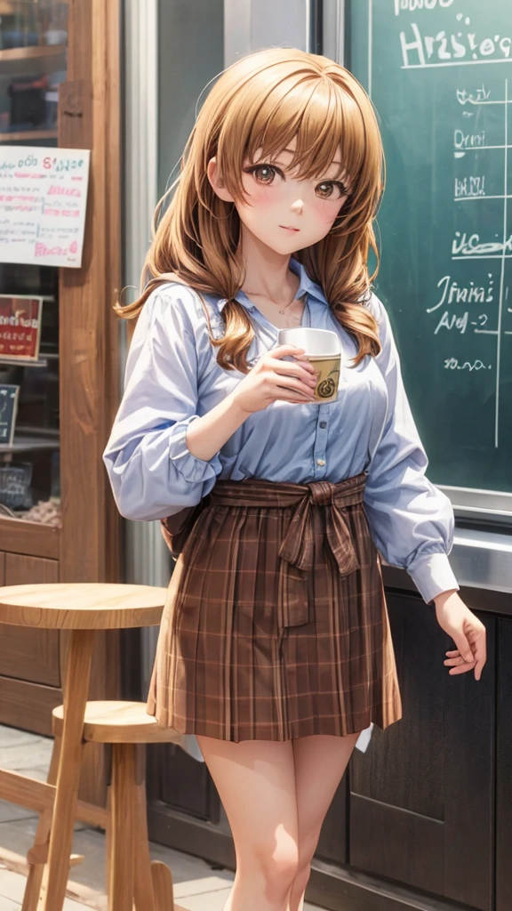 A lady holding a cup of coffee, Anime girls in real life, realistic Young anime girl, portrait of Cute anime girl, Cute and natural anime face, Kawaii realistic portrait, Realistic anime 3D 风格, Cute girl, Charming anime girl, Realistic anime, Mysterious coffee shop girl, Young anime girl, Cute anime girl, long hair anime girl