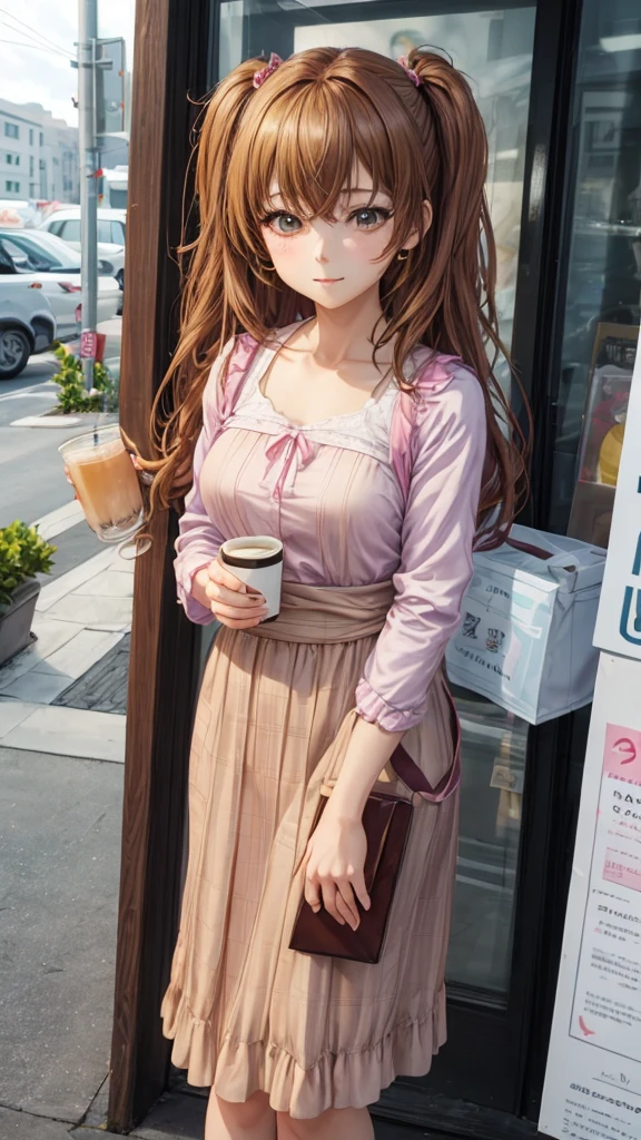 A lady holding a cup of coffee, Anime girls in real life, realistic Young anime girl, portrait of Cute anime girl, Cute and natural anime face, Kawaii realistic portrait, Realistic anime 3D 风格, Cute girl, Charming anime girl, Realistic anime, Mysterious coffee shop girl, Young anime girl, Cute anime girl, long hair anime girl