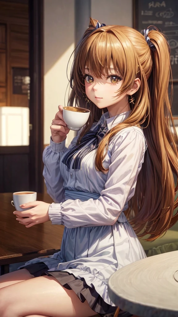 A lady holding a cup of coffee, Anime girls in real life, realistic Young anime girl, portrait of Cute anime girl, Cute and natural anime face, Kawaii realistic portrait, Realistic anime 3D 风格, Cute girl, Charming anime girl, Realistic anime, Mysterious coffee shop girl, Young anime girl, Cute anime girl, long hair anime girl