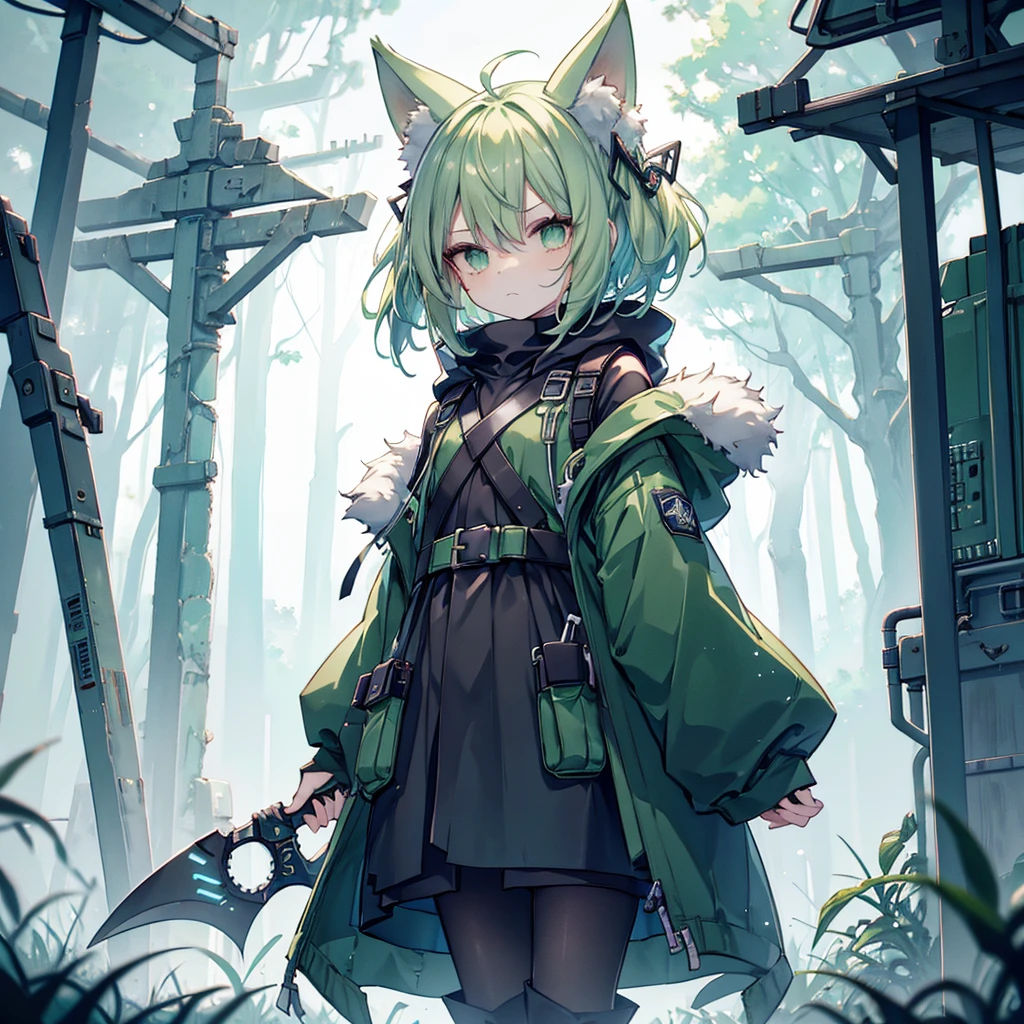 (long Green rabbit ears), green animal ears, (1 girl), green hair, green eyes, bob cut,, frowning, flushed, grumpy, shy, young, alone, Lolita, childhood, , short, black hood, black rain coat, long boots, wide pants, harness, belt, pouch, with one hand Axe, midnight Forest, tiny,y faceacademia, cel anime, Solo, cyber punk