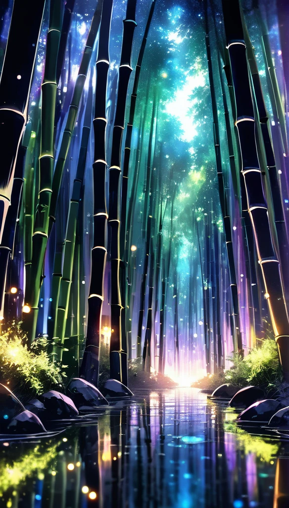 Bamboo forest in dark night, Delicate and sharp, Clear contours, Soft interior lighting, Many small fireflies flying around, All-over holographic glow, Vibrant colors, Amazing rainbow reflection, Metallic luster, A balance and harmony between pitch black darkness and sparkling particles, Sharp and delicate, Watercolor style CG, High contrast, Perfectly Tuned Octane Rendering, Super Retina Vision, NRART, Ultimate aesthetics,