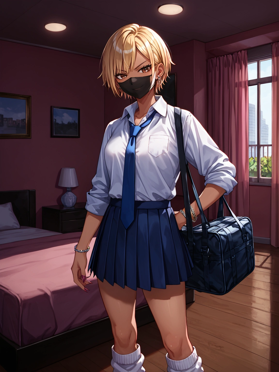 score_9, score_8_up, score_7_up, sorce_anime, 1girl, solo, gyaru, blonde hair, very short hair, brown eyes, smile, smirk, mouth mask, black mask, nail polosh, sharp fingernails, single pierced earring, silver bracelet, white shirt, collared shirt, sleeves rolled up, blue necktie, loose necktie, pleated skirt, micro skirt, white socks, loose socks, standing, hotel room, love hotel, pink room, school bag