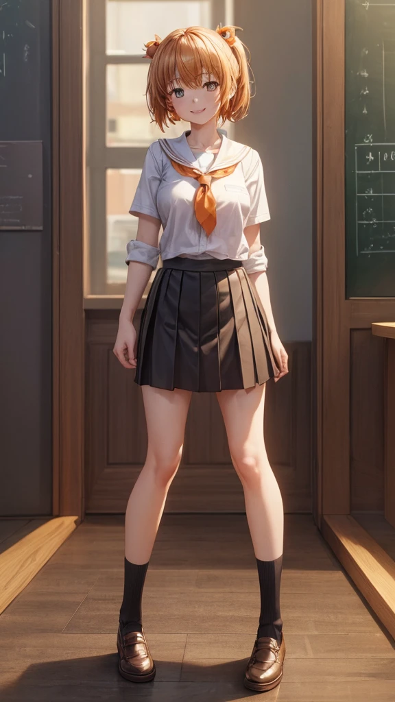 ((masterpiece)), (()), ((high resolution)), ((Extremely detailed CG unity 8k wallpaper)), Solitary, Orange, Black skirt, White socks, Smile, classroom