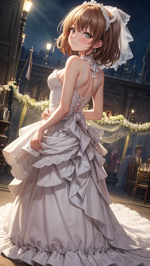 (, HD, masterpiece:1.2,), illustration, night, 1 Girl, whole body, (Wedding Dress), Arms behind your back, Waiting for a kiss, Looking at the audience, Happy, blush,