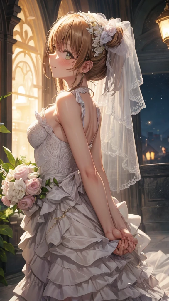 (, HD, masterpiece:1.2,), illustration, night, 1 Girl, whole body, (Wedding Dress), Arms behind your back, Waiting for a kiss, Looking at the audience, Happy, blush,