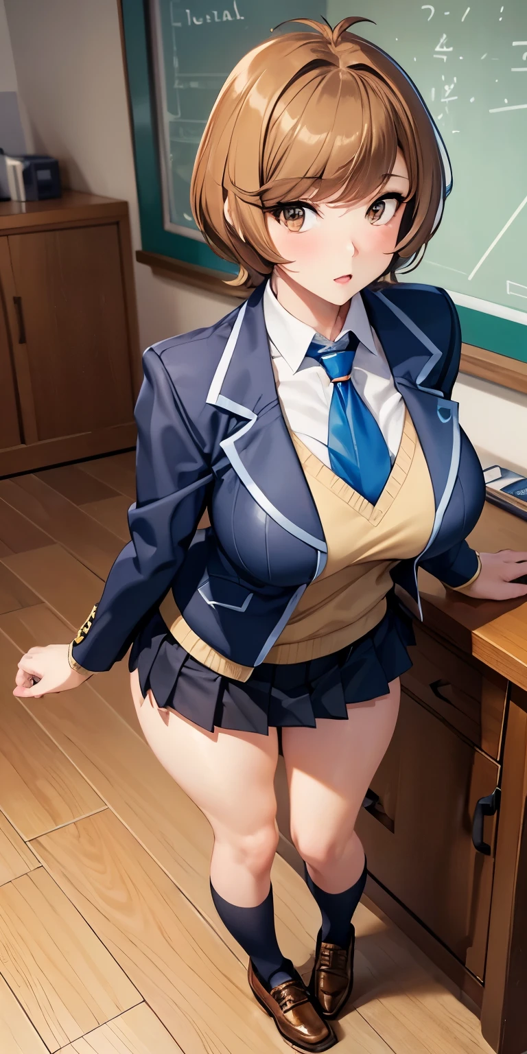 1 Female,High definition,high resolution,Ultra-realistic,8K, hmza, short hair, antenna hair, brown eyes, school uniform, blue necktie, yellow shirt,black jacket, long sleeves, black skirt,tight skirt, miniskirt, large breasts, brown shoes,large breasts,European,sexy,Upper body close-up,Photographed from the front,Dynamic Angles,private teacher,A little sheer underwear,blue underwear,blush, big tits ,(top view),(full body), perfect face,cute face