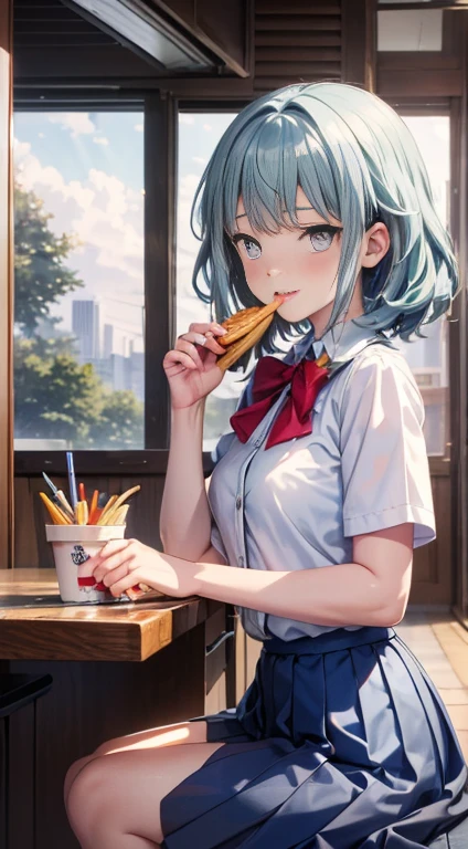 (((beautiful detailed)))(cute face:1.2)1girl, A girl stuffing her face with french fries, Girl crying while eating a pile of french fries, Inside a 2000s-style diner, 1950s-style interior, light Navy blue hair, blue eyes, A short-sleeved white shirt with four vertical bow ties, Ahoge, long bob cut with fluffy hair(sharp lines:1.2)(clear line:1.2)(eye details:1.3)(thick border:1.4) animation cel style,ligne claire, limited palette((masterpiece, high quality, best quality))(low contrast: 0.5),Anna yanami, blue hair, blue eyes, school uniform, makeine, too many losing heroines,Watercolor style, watercolor pencil, paper texture,90s style,Anna yanami, blue hair, blue eyes, school uniform, makeine, too many losing heroines, 