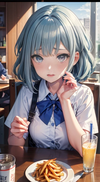 (((beautiful detailed)))(cute face:1.2)1girl, A girl stuffing her face with french fries, Girl crying while eating a pile of french fries, Inside a 2000s-style diner, 1950s-style interior, light Navy blue hair, blue eyes, A short-sleeved white shirt with four vertical bow ties, Ahoge, long bob cut with fluffy hair(sharp lines:1.2)(clear line:1.2)(eye details:1.3)(thick border:1.4) animation cel style,ligne claire, limited palette((masterpiece, high quality, best quality))(low contrast: 0.5),Anna yanami, blue hair, blue eyes, school uniform, makeine, too many losing heroines,Watercolor style, watercolor pencil, paper texture,90s style,Anna yanami, blue hair, blue eyes, school uniform, makeine, too many losing heroines, 