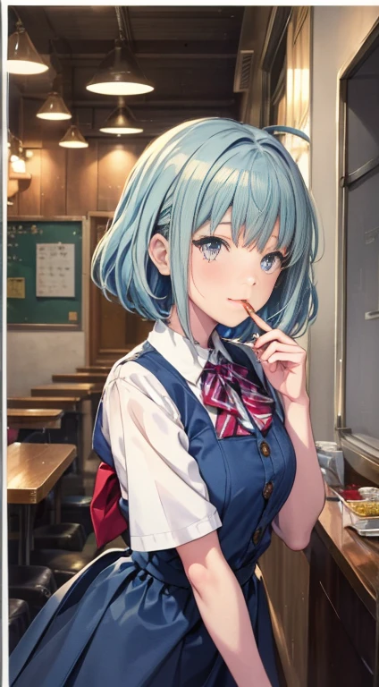 (((beautiful detailed)))(cute face:1.2)1girl, A girl stuffing her face with french fries, Girl crying while eating a pile of french fries, Inside a 2000s-style diner, 1950s-style interior, light Navy blue hair, blue eyes, A short-sleeved white shirt with four vertical bow ties, Ahoge, long bob cut with fluffy hair(sharp lines:1.2)(clear line:1.2)(eye details:1.3)(thick border:1.4) animation cel style,ligne claire, limited palette((masterpiece, high quality, best quality))(low contrast: 0.5),Anna yanami, blue hair, blue eyes, school uniform, makeine, too many losing heroines,Watercolor style, watercolor pencil, paper texture,90s style,Anna yanami, blue hair, blue eyes, school uniform, makeine, too many losing heroines, 