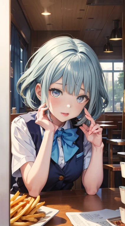 (((beautiful detailed)))(cute face:1.2)1girl, A girl stuffing her face with french fries, Girl crying while eating a pile of french fries, Inside a 2000s-style diner, 1950s-style interior, light Navy blue hair, blue eyes, A short-sleeved white shirt with four vertical bow ties, Ahoge, long bob cut with fluffy hair(sharp lines:1.2)(clear line:1.2)(eye details:1.3)(thick border:1.4) animation cel style,ligne claire, limited palette((masterpiece, high quality, best quality))(low contrast: 0.5),Anna yanami, blue hair, blue eyes, school uniform, makeine, too many losing heroines,Watercolor style, watercolor pencil, paper texture,90s style,Anna yanami, blue hair, blue eyes, school uniform, makeine, too many losing heroines, 