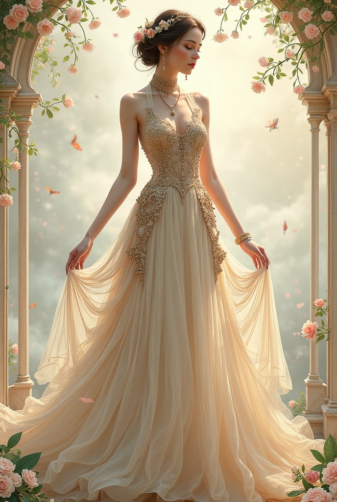 Beautiful world　((((((Fantasy novels))))) Pale pink feathers and stardust fall down　Golden world　A beautiful woman dances gracefully in a beautiful and noble castle　((A prince with gentle eyes watches from afar)) The dress is long, white, and beautiful((((A dress adorned with lavish embellishments)))) A woman adorned with jewels, walking towards the light　Even if I call out to her, she will never look back at me.　(((Unrequited love)))