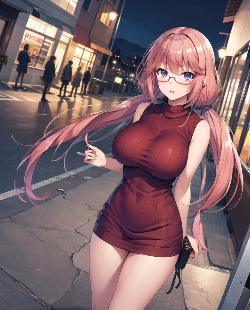 masterpiece, best quality, highres, 1girl, solo, long hair, pink hair, low twintails, blue eyes, glasses, large breasts, taned skin, ribbed sweater, sweater red dress, sleeveless, turtleneck, night, street, standing, cowboy shot,