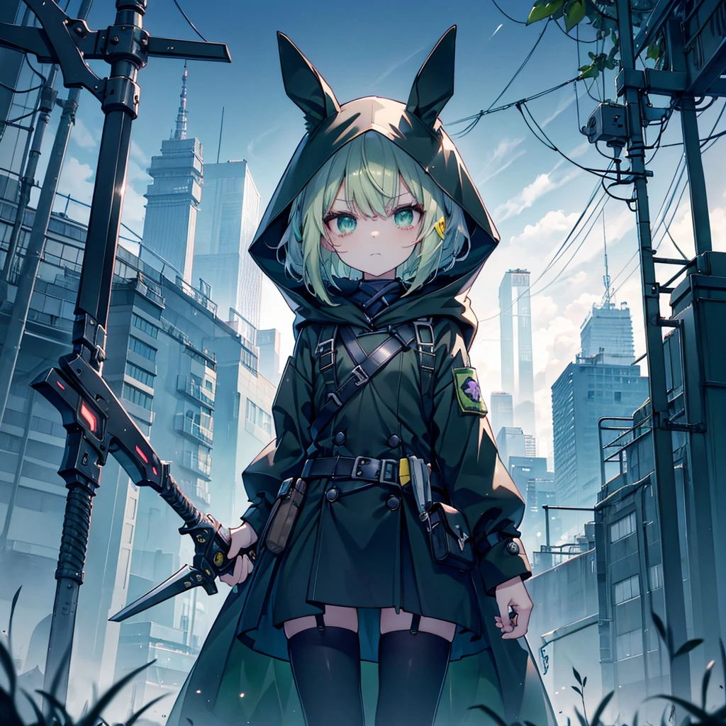 (long Green rabbit ears), green animal ears, (1 girl), green hair, green eyes, bob cut,, frowning, flushed, grumpy, shy, young, alone, ****ta, childhood, child, short, black hood, black rain coat, long boots, wide pants, harness, belt, pouch, with one Axe, midnight Forest, tiny, baby face, pastel academia, cel anime, Solo, cyber punk