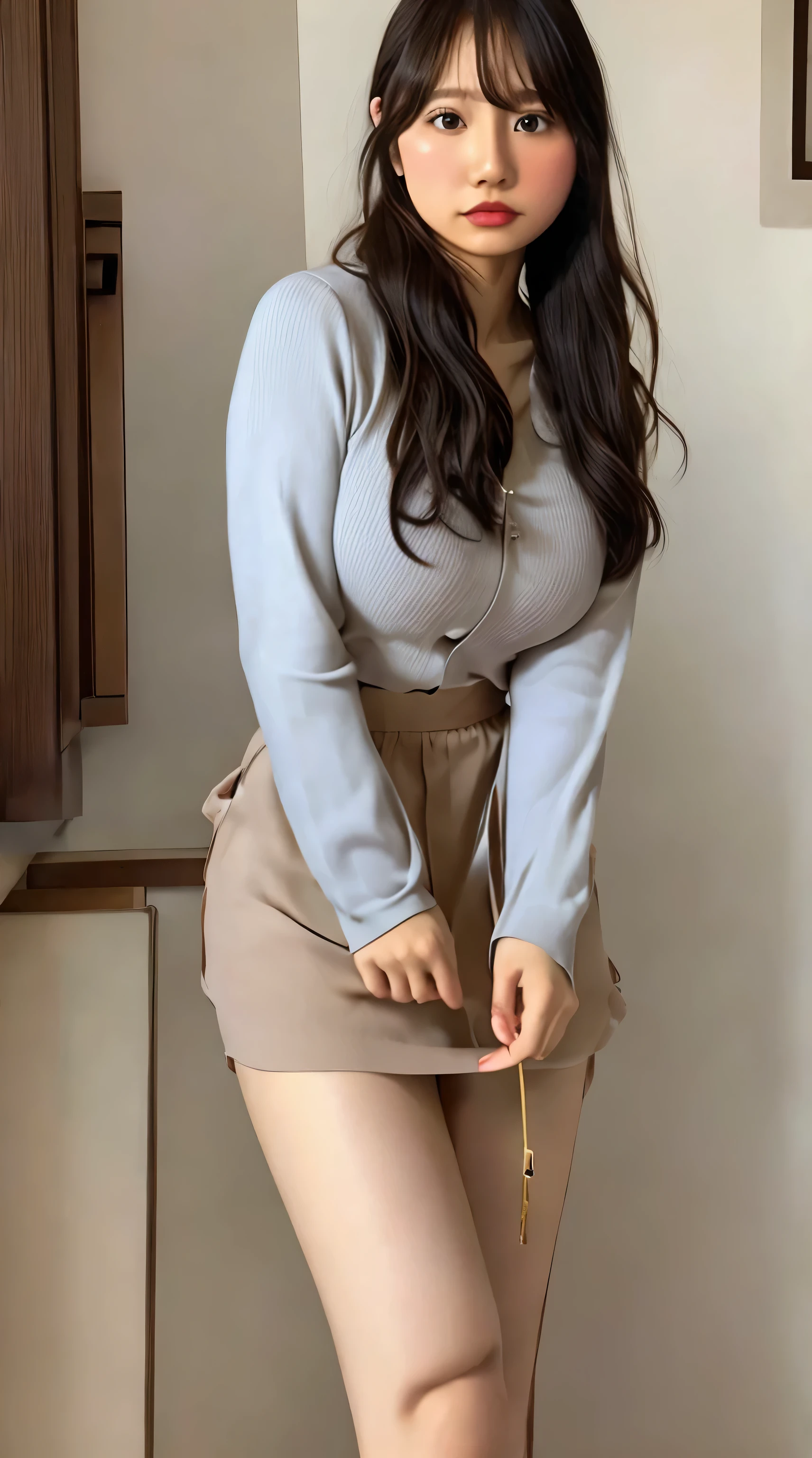 Female, 20 years old, medium black wavy hair、bangss、Puffy nipple、Turtleneck knitwear、Blue long skirt, Black stockings、Medium milk, cute smile face、(Poses that emphasize breasts)、sexy hips、Black High Heels、((Sit with your buttocks on the ground))、school classrooms、governess、Big necklace、(((Open both knees、opens legs)))、(Blue lace panties、Blue lace bra)、Cute earrings、(Tilt your head slightly)
