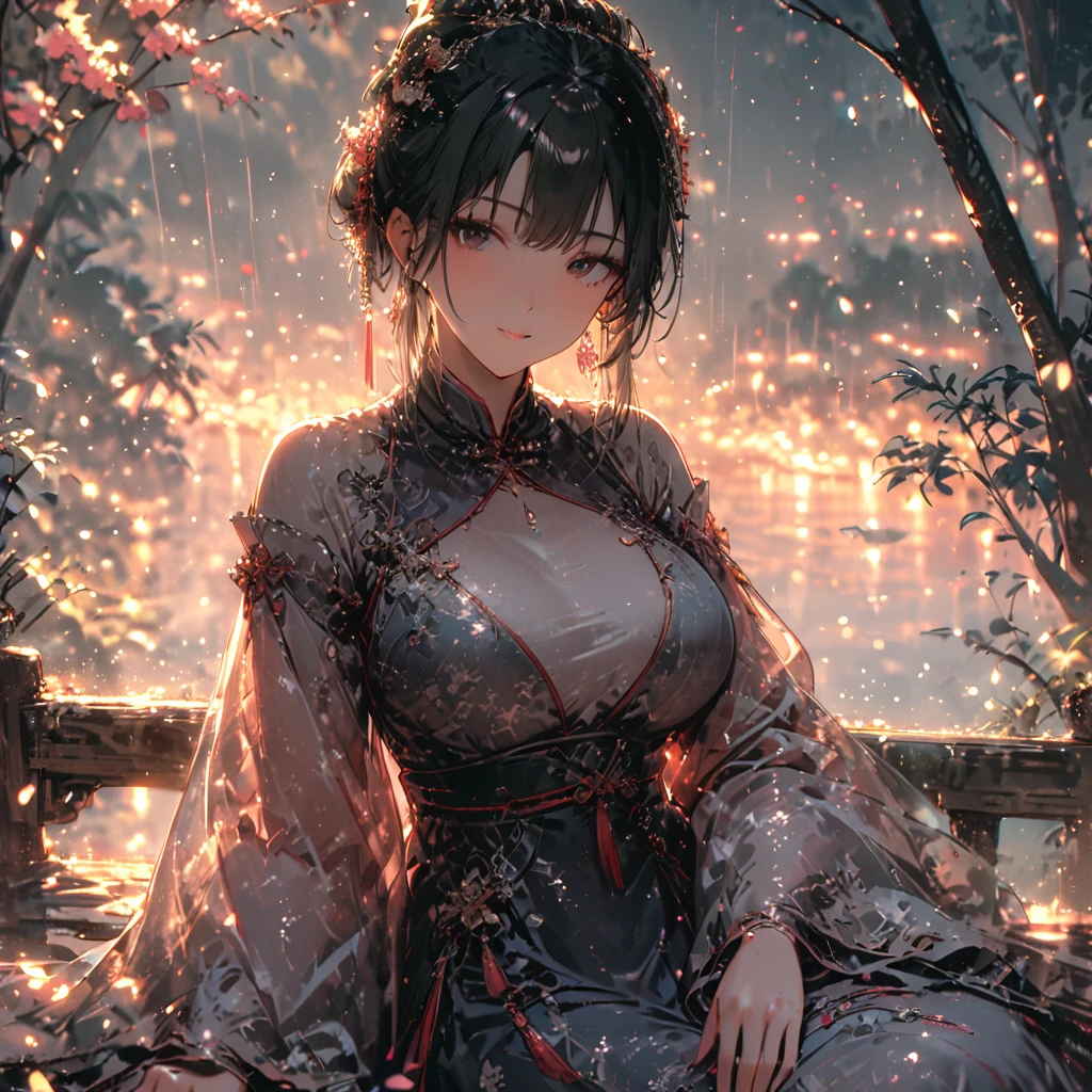 (best quality,4k,8k,highres,masterpiece:1.2),ultra-detailed,beautiful girl,big breasts,mature,tall body, close shot,seductive body,Chinese style dress, lazily lying on a flat rock full of flower, flying petals, seductive pose,colorful,magical forest,light particles sparkling,night,atmospheric,enchanted,ethereal lighting,pure beauty,dreamy,serene,tranquil,mystical,alluring,mysterious,feminine,charming presence,dark hair,gentle smile,graceful posture,peaceful aura,radiant,beauty in nature
