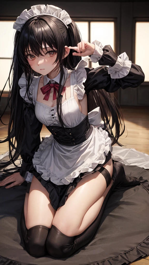 Black long hair, Wearing a maid outfit, Kneel down, Two legs and five fingers, More meat, Cute 2D, Background Backlight HD  