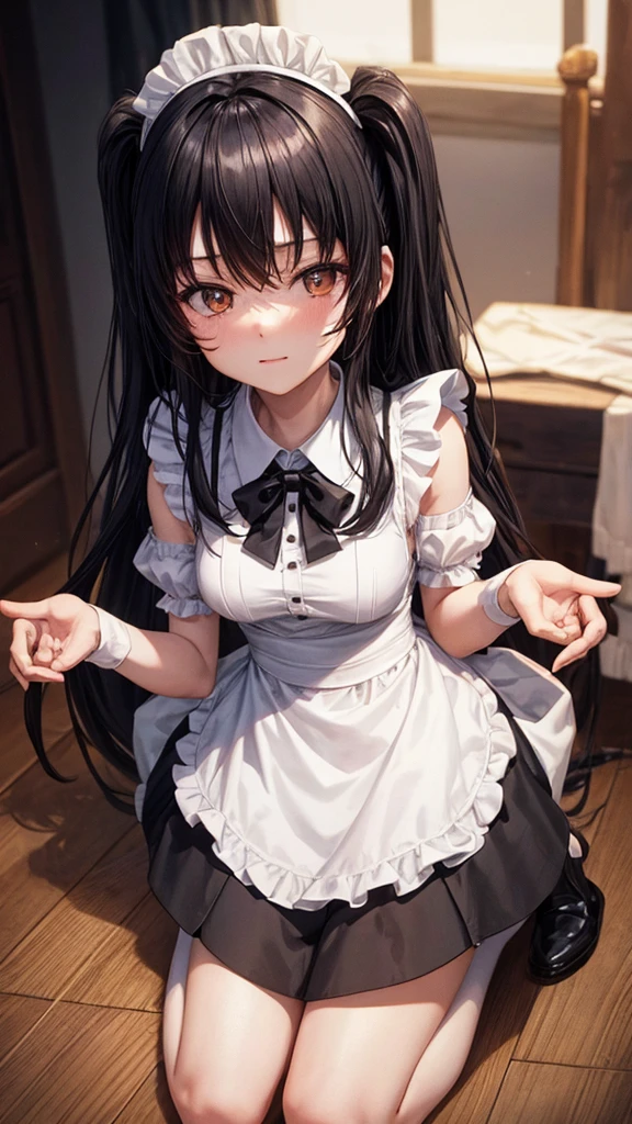 Black long hair, Wearing a maid outfit, Kneel down, Two legs and five fingers, More meat, Cute 2D, Background Backlight HD  