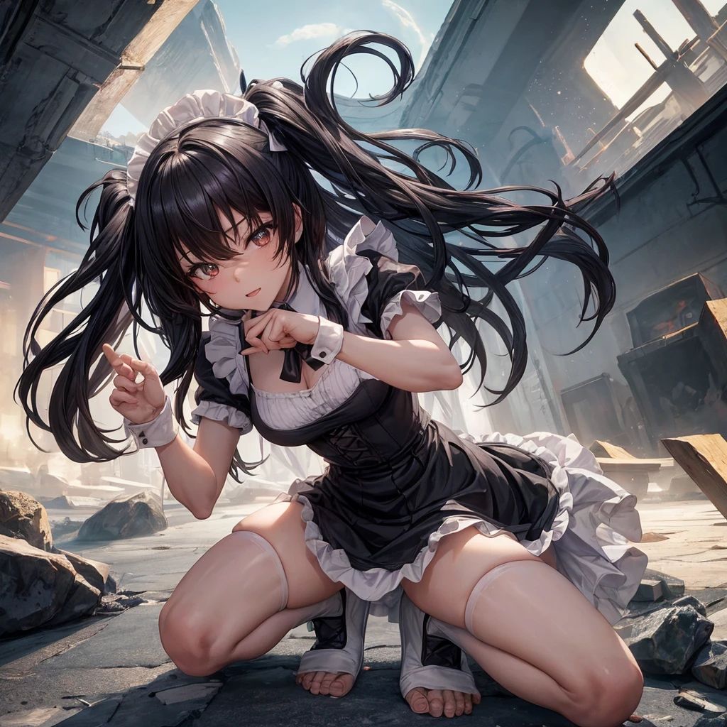 Black long hair, Wearing a maid outfit, Kneel down, Two legs and five fingers, More meat, Cute 2D, Background Backlight HD  