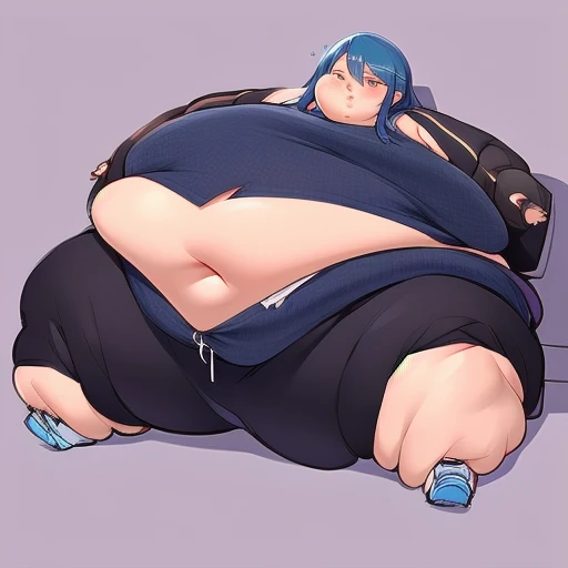 art by kipteitei, 1girl, solo, kochou shinobu, butterfly hair ornament, purple eyes, multicolored hair, short hair, parted bangs, haori, wide sleeves, long sleeves, black short skirt, black jacket, plump, thicker thighs, bottom heavy, sitting down to the left in front of viewer, fatter belly, wobbly belly, round belly, fat belly, massive belly , belly spilling out of skirt, grabbing belly, grabbing belly, poking belly, pear shaped figure, belly focus, chubby (best quality, masterpiece)